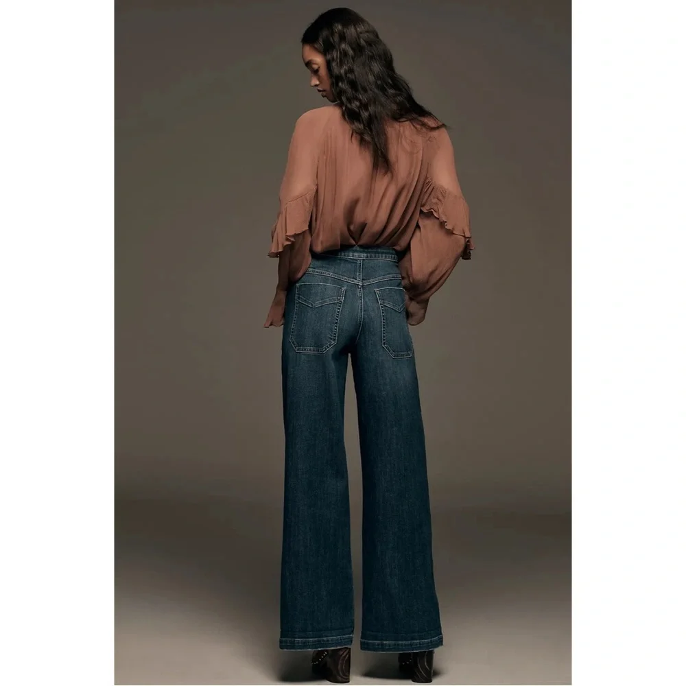 Anthropologie Pilcro Emory Pleated High Rise Wide Leg Trouser Jeans Dark Wash 28 - Picture 3 of 9
